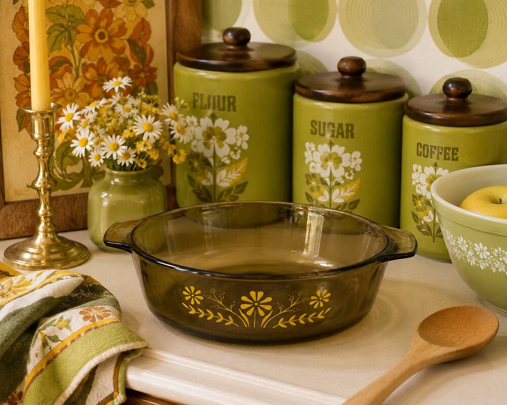 Vintage Glasbake Amber Yellow Daisy Glass Casserole Dish